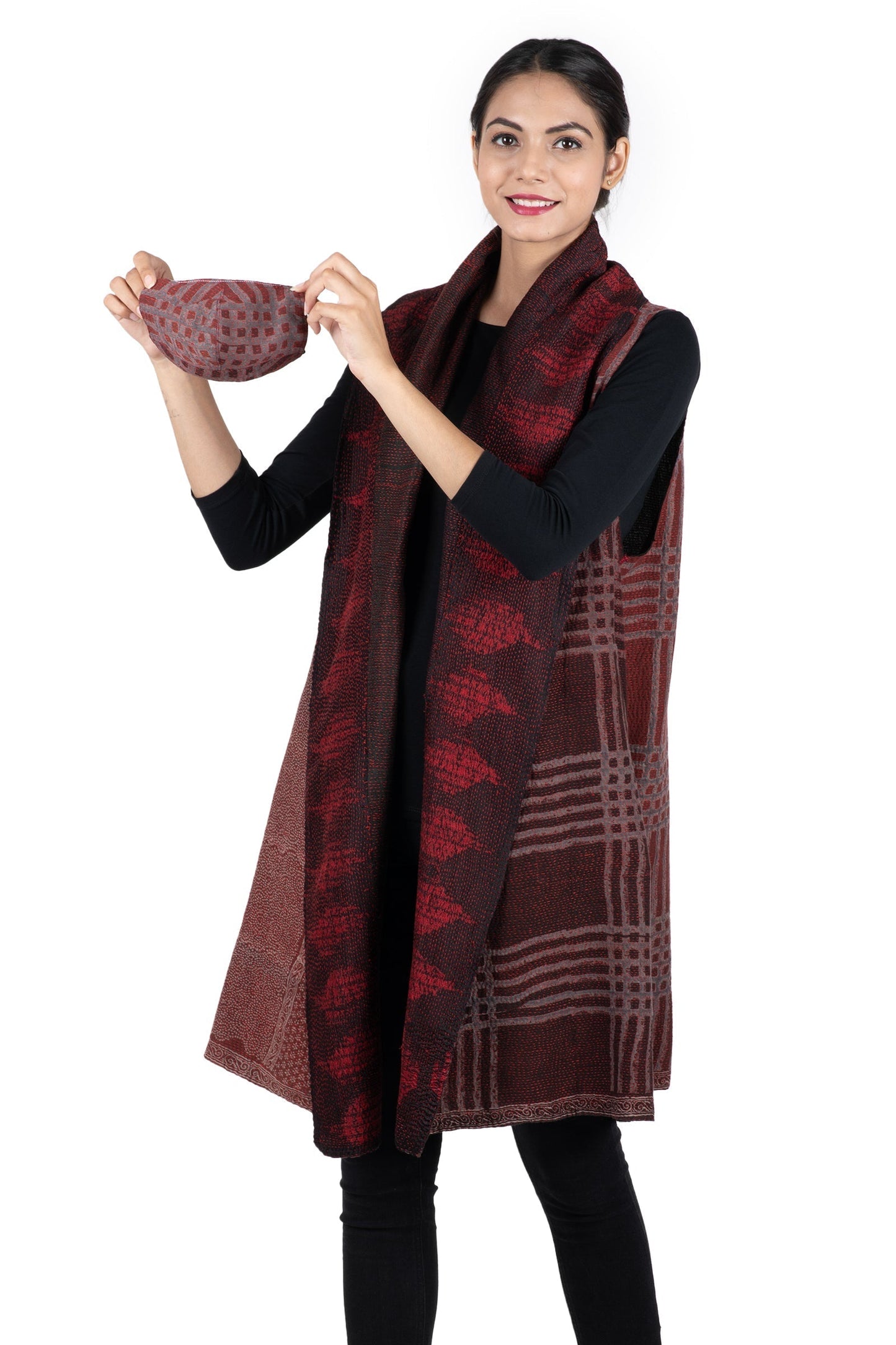 INDONESIAN PRINT & BORDER SHIBORI KANTHA SHAWL COLLAR VEST - ib2235-red -