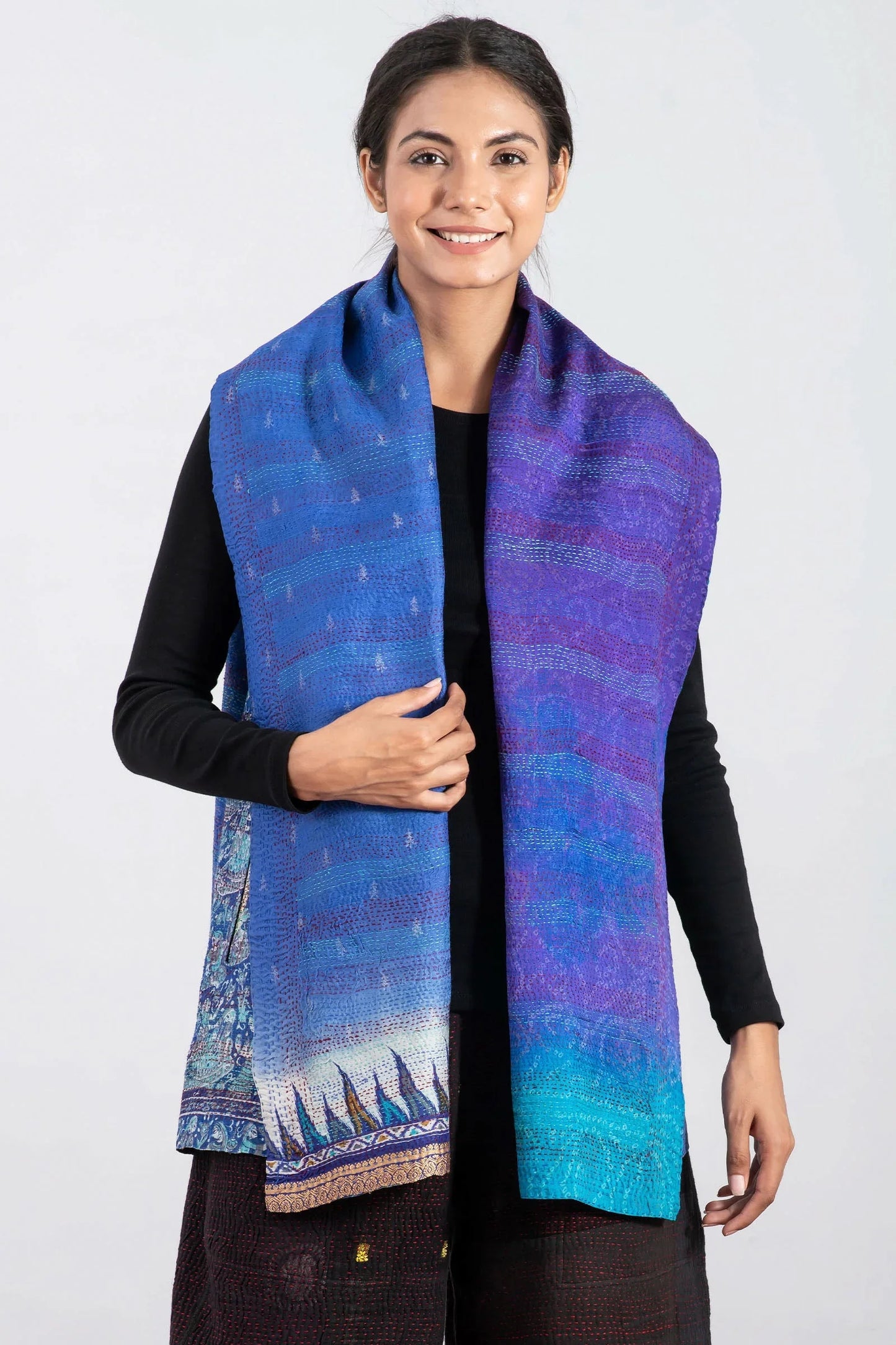 VINTAGE SILK KANTHA SHAWL COLLAR VEST SHORT - sv2236-0001a -