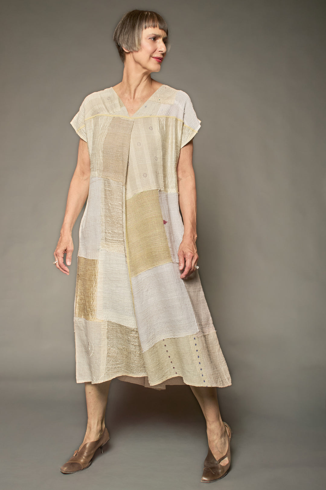 MOSAIC FRAY PATCH KANTHA V-NECK FRENCH SLV. DRESS - zb2467-ivy -