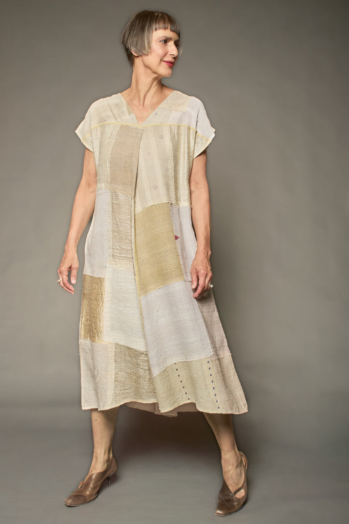 MOSAIC FRAY PATCH KANTHA V-NECK FRENCH SLV. DRESS - zb2467-ivy -