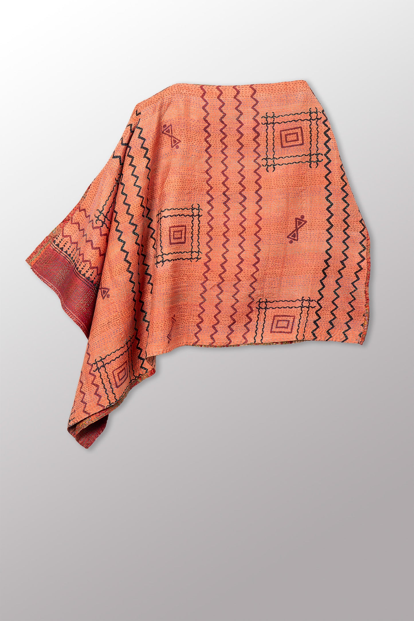 VINTAGE SILK KANTHA LONG CAPE - sv2841-0013a -