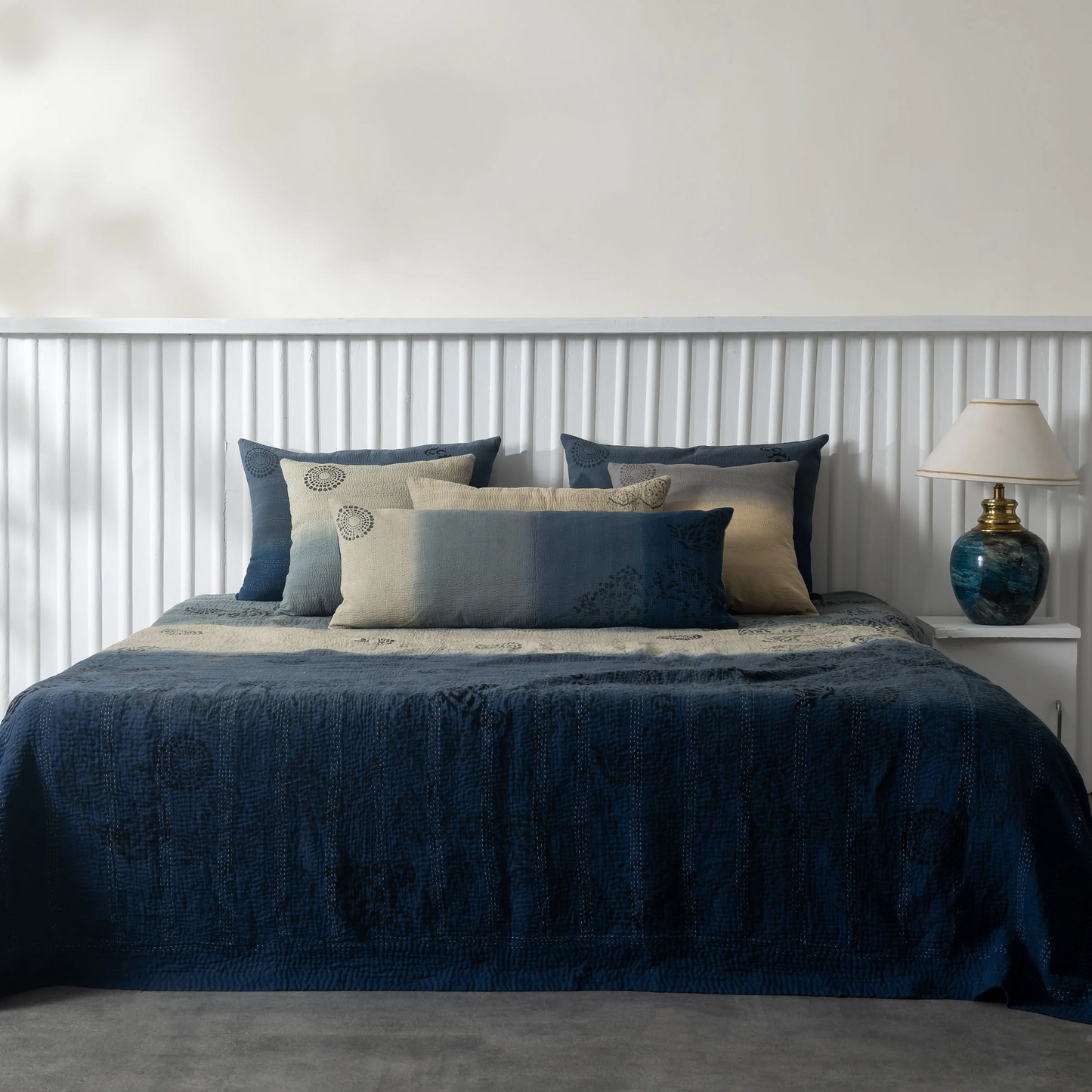 Vintage Fray Patch & Ombre Kantha Bedcover  -Navy -