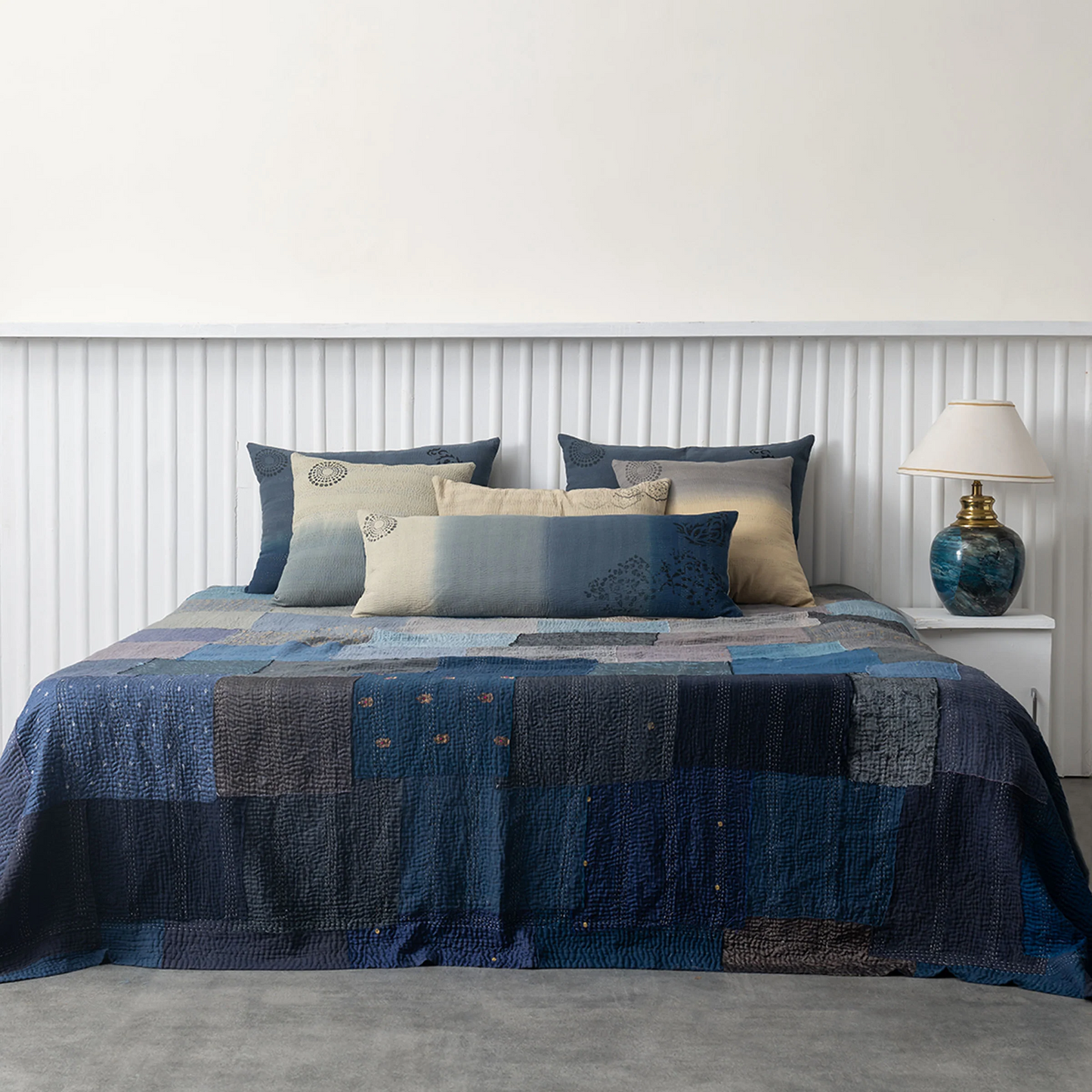 Vintage Fray Patch & Ombre Kantha Bedcover  -Navy -