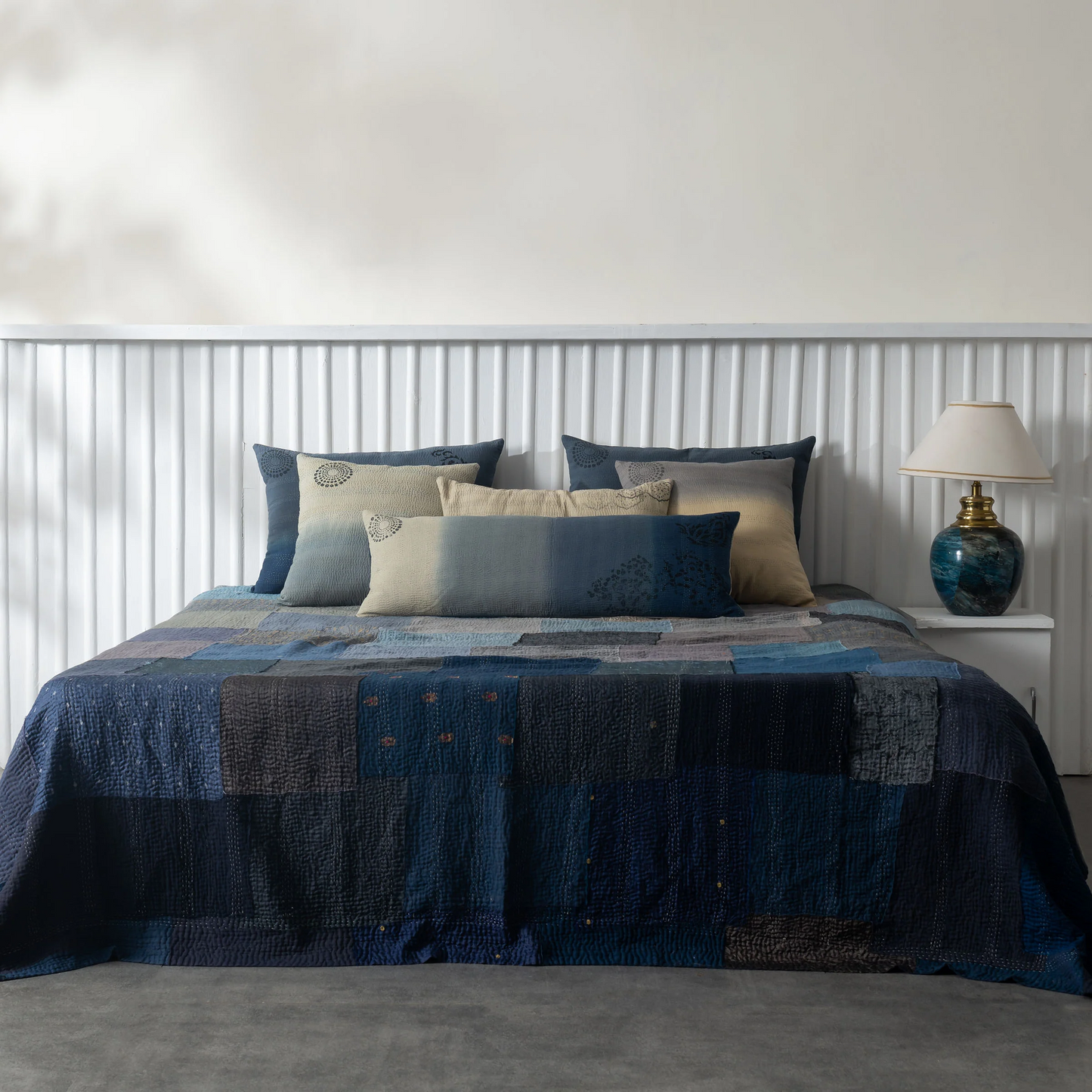 Vintage Fray Patch & Ombre Kantha Bedcover  -Navy -