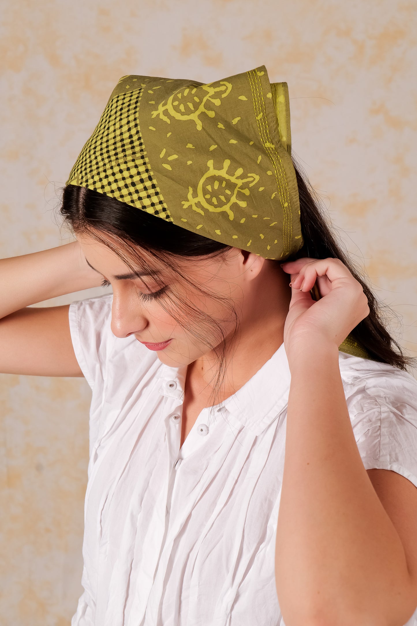 Bandana - Handmade Cotton Square kantha   - Lime green