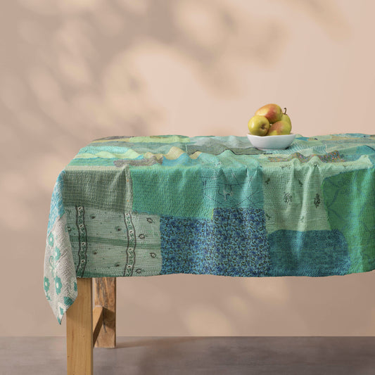 Printed Fray Patch Vintage Cotton Kantha Table Cover - Sage