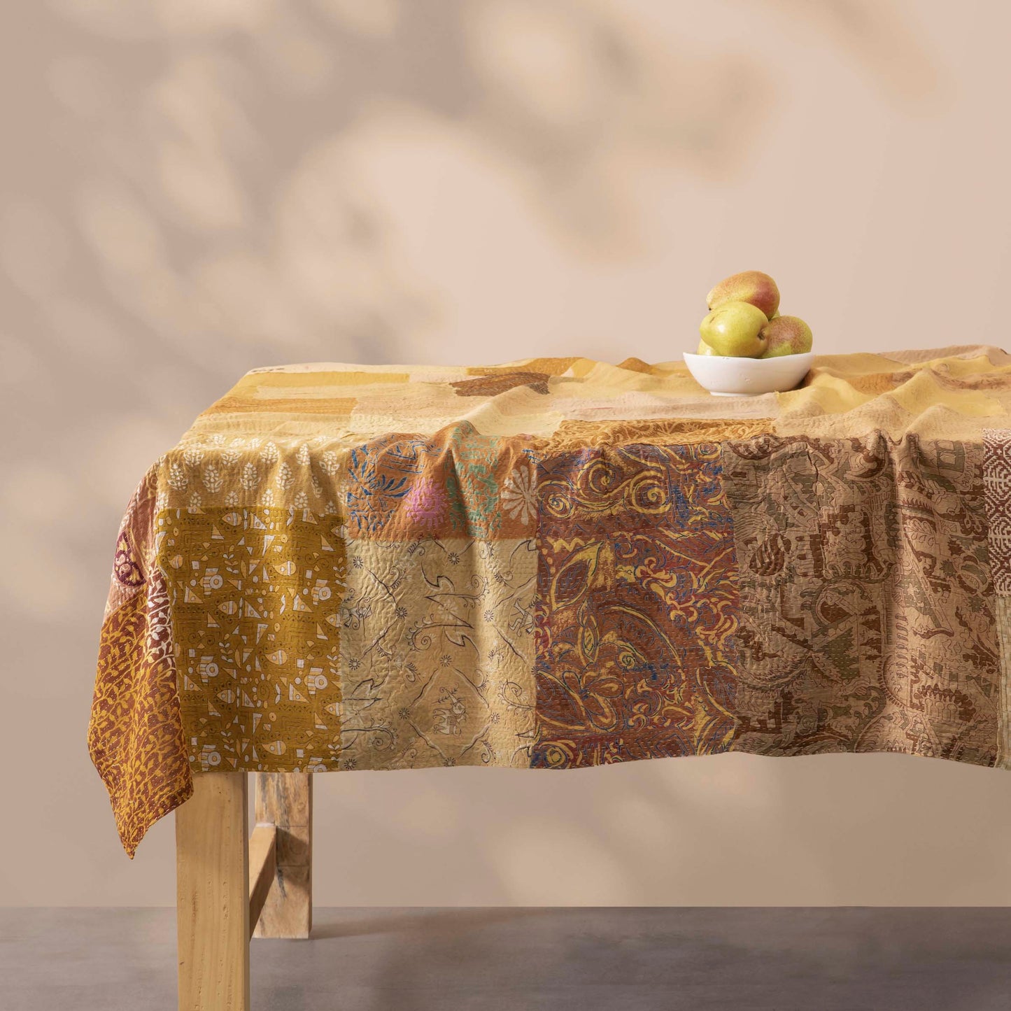 Printed Fray Vintage Cotton Kantha Table Covers - Golden