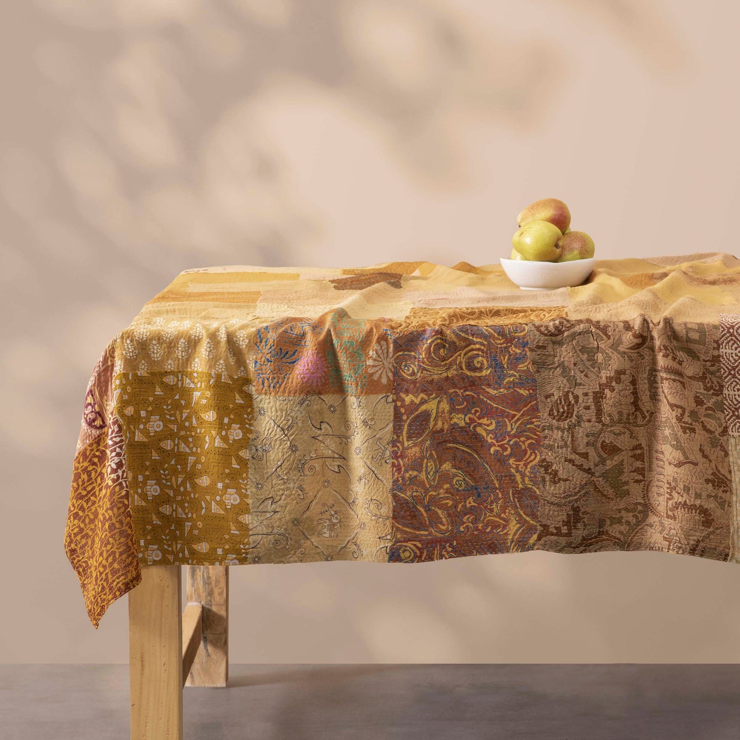Printed Fray Vintage Cotton Kantha Table Cover  -Golden-