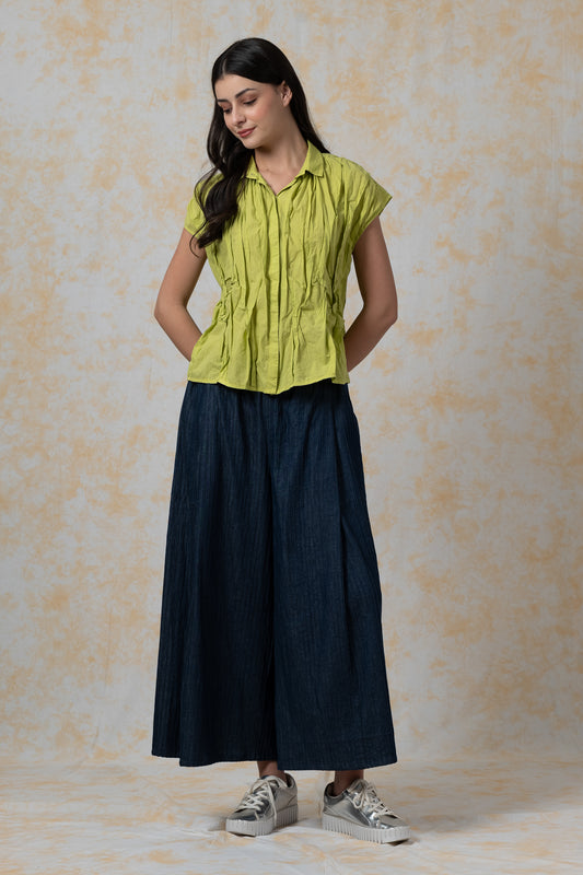 POLISHED COTTON WAVY TUCK-FRENCH SLEEVE SHIRT - bl-wl1569-lim-