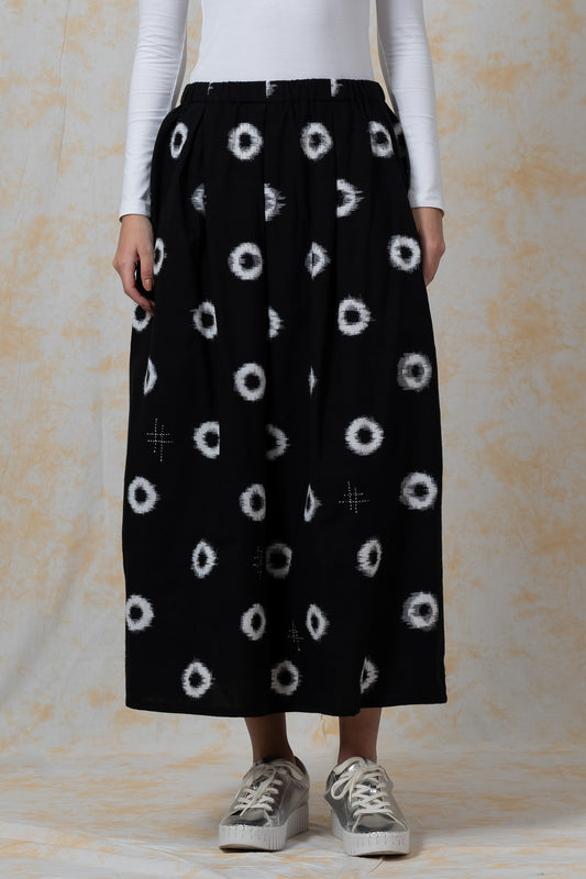 COTTON IKAT-CIRCLE -TUCKED GATHER SKIRT - bl-ic1663-blk-