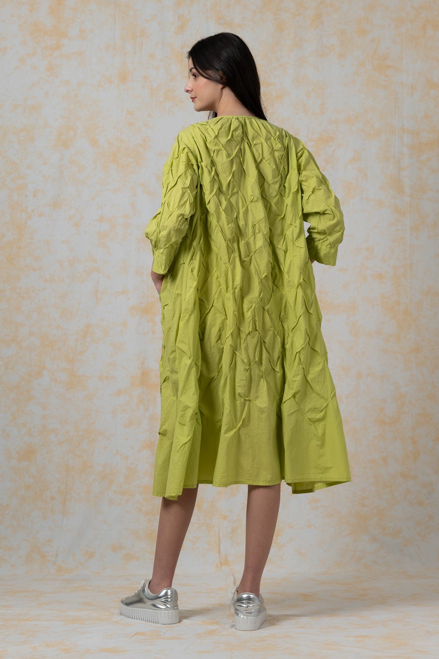 POLISHED COTTON WAVY TUCK-A-LINE DRESS - bl-wl1453-lim-