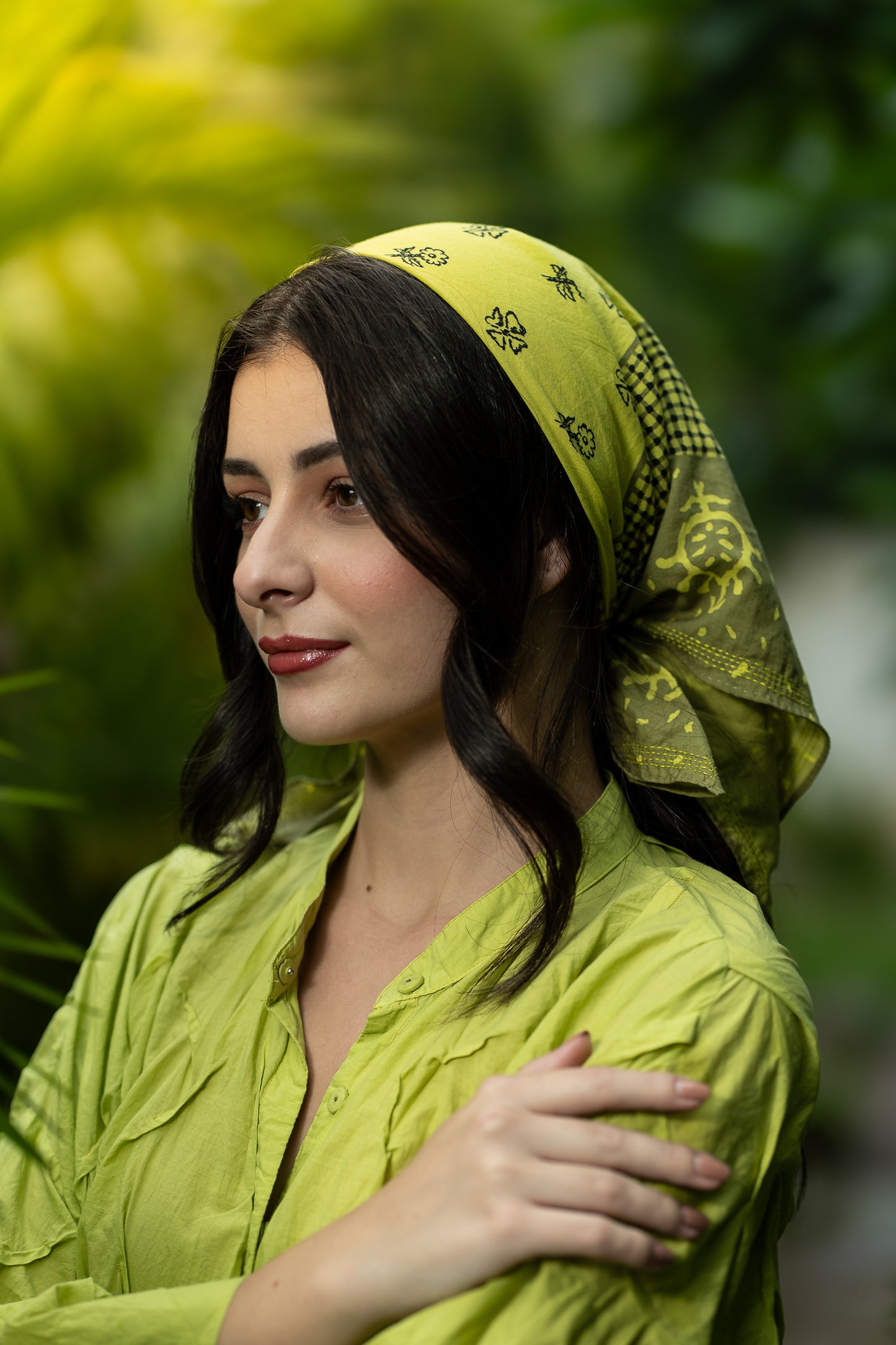 Bandana - Handmade Cotton Square kantha   - Lime green