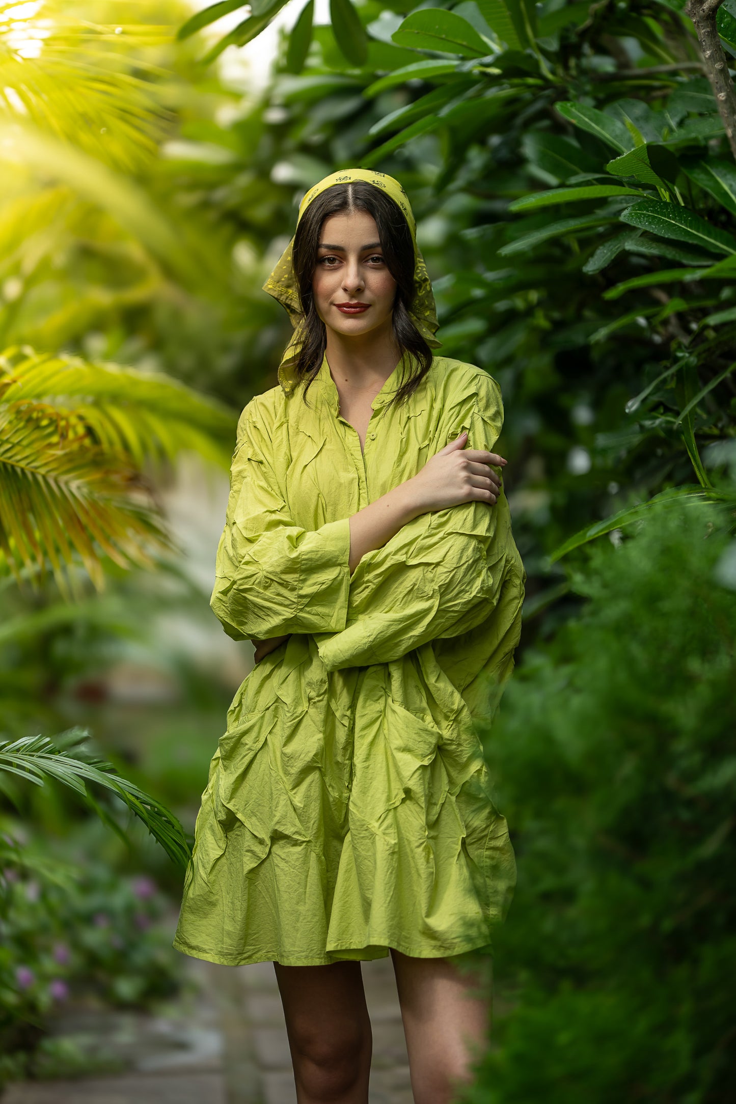 Bandana - Handmade Cotton Square kantha   - Lime green
