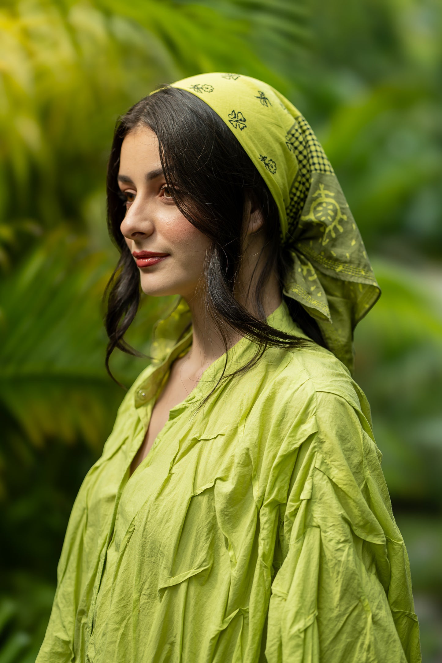 Bandana - Handmade Cotton Square kantha   - Lime green