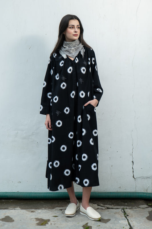 COTTON IKAT-CIRCLE -DRESS A-LINE DRESS - bl-ic1460-blk-