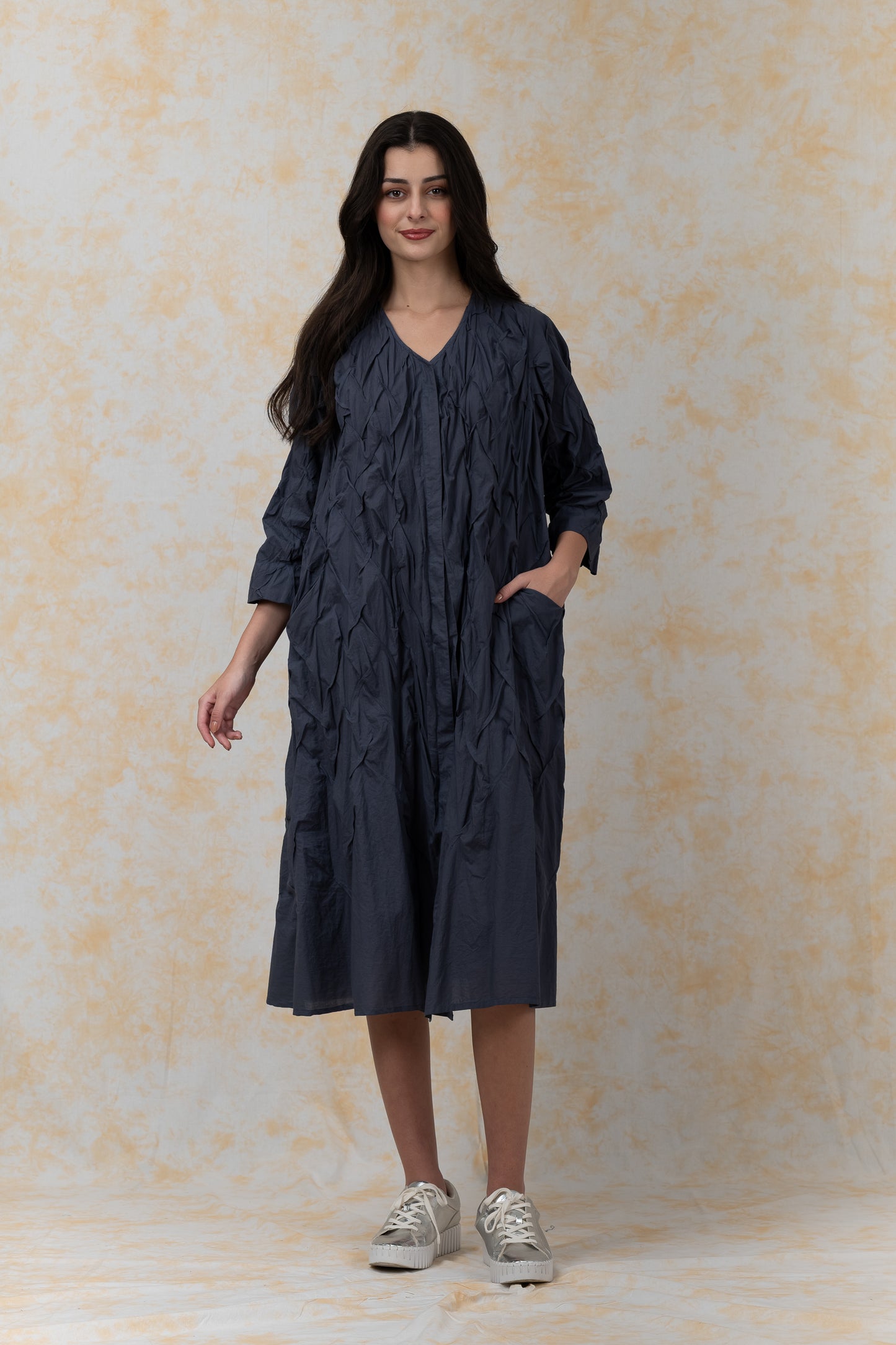 POLISHED COTTON WAVY TUCK-A-LINE DRESS - bl-wl1453-gry-