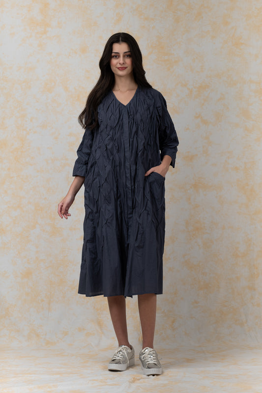 POLISHED COTTON WAVY TUCK-A-LINE DRESS - bl-wl1453-gry-