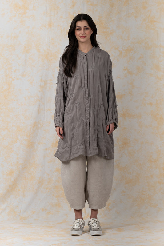 GARMENT SPIRAL KANTHA VOILE -BAND COLLAR OVERSIZED SHIR - bl-gg2587-gry-