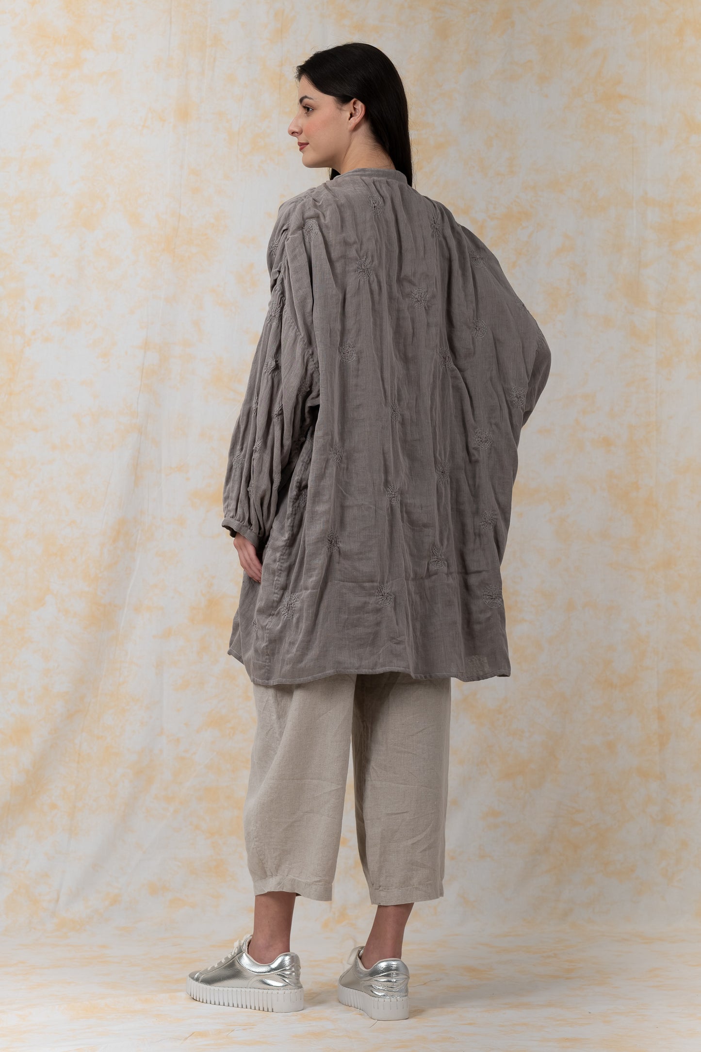 GARMENT SPIRAL KANTHA VOILE -BAND COLLAR OVERSIZED SHIR - bl-gg2587-gry-