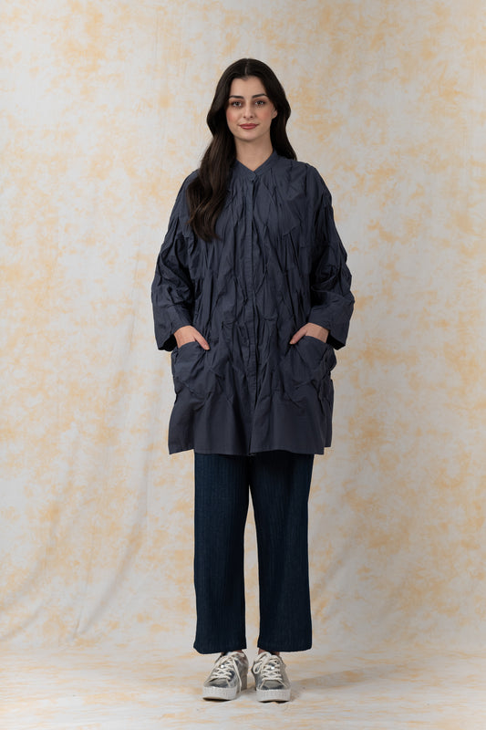 POLISHED COTTON WAVY TUCK-OVERSIZED SHIRT - bl-wl1555-gry-