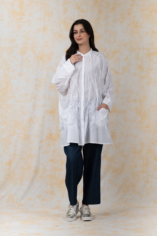 POLISHED COTTON WAVY TUCK-OVERSIZED SHIRT - bl-wl1555-ivy-