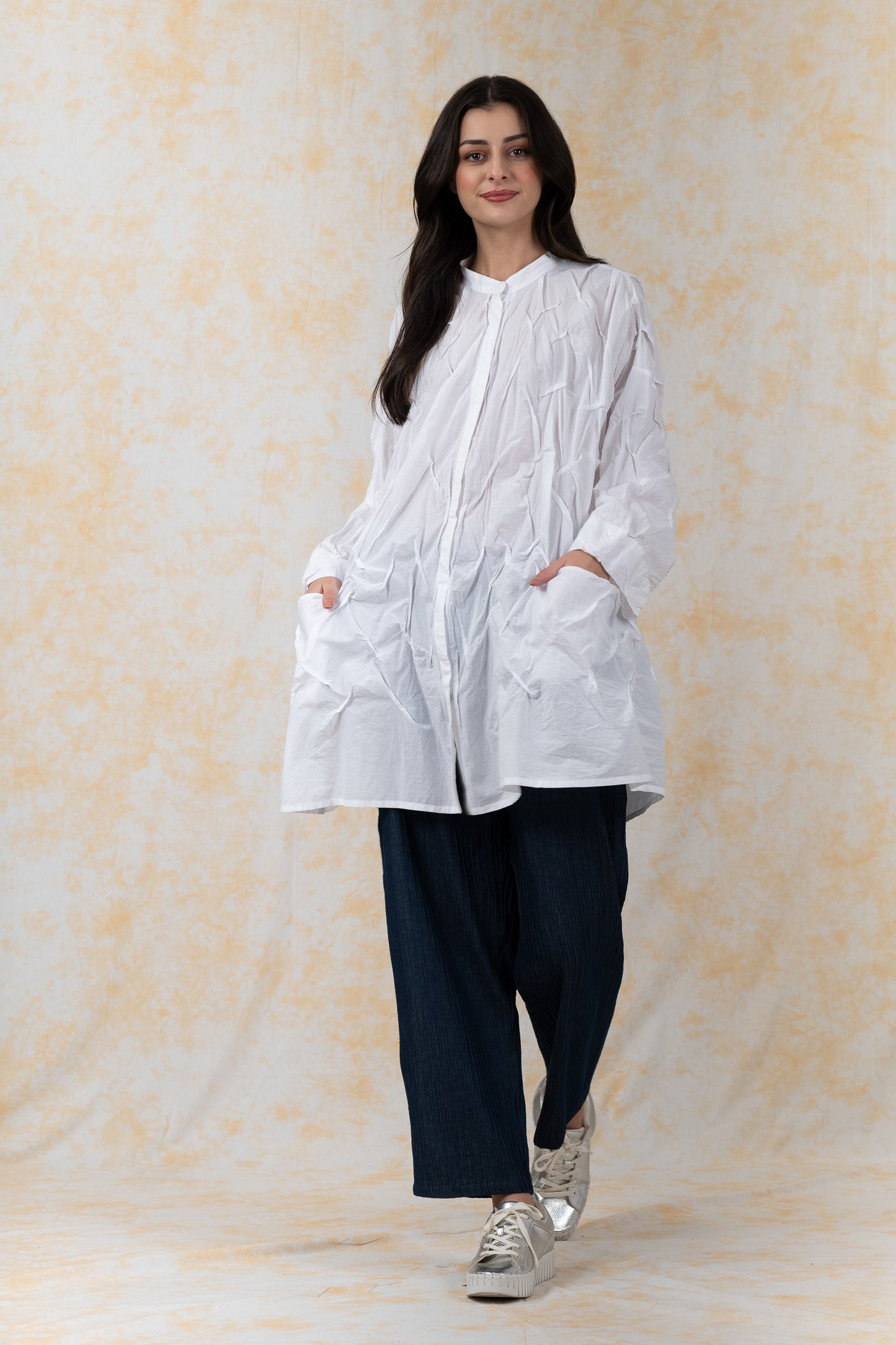 POLISHED COTTON WAVY TUCK-OVERSIZED SHIRT - bl-wl1555-ivy-