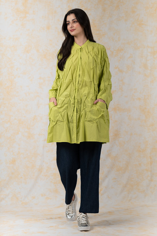 POLISHED COTTON WAVY TUCK-OVERSIZED SHIRT - bl-wl1555-lim-