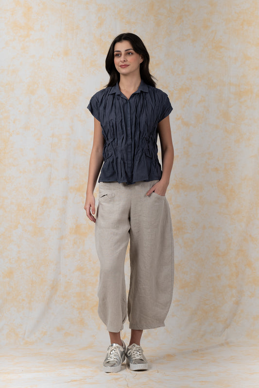 POLISHED COTTON WAVY TUCK-FRENCH SLEEVE SHIRT - bl-wl1569-gry-