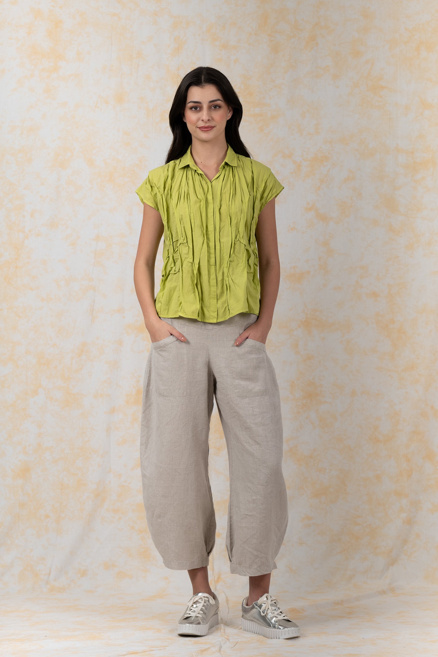 POLISHED COTTON WAVY TUCK-FRENCH SLEEVE SHIRT - bl-wl1569-lim-