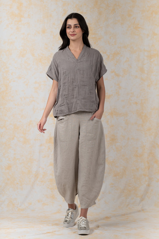 GARMENT SPIRAL KANTHA VOILE -V-NECK BINDING COLLAR TOP - bl-gg2589-gry-
