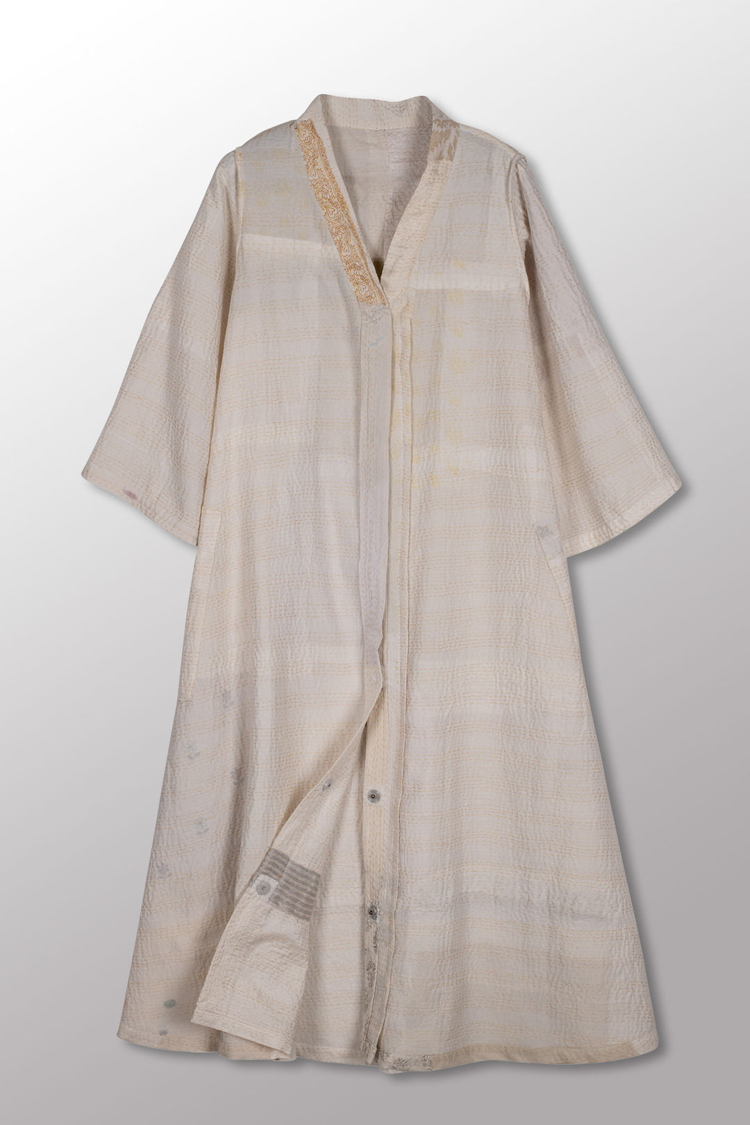 FRAYED PATCH KANTHA V-NECK FLARE SLEEVE DRESS - fi2445-ivy -