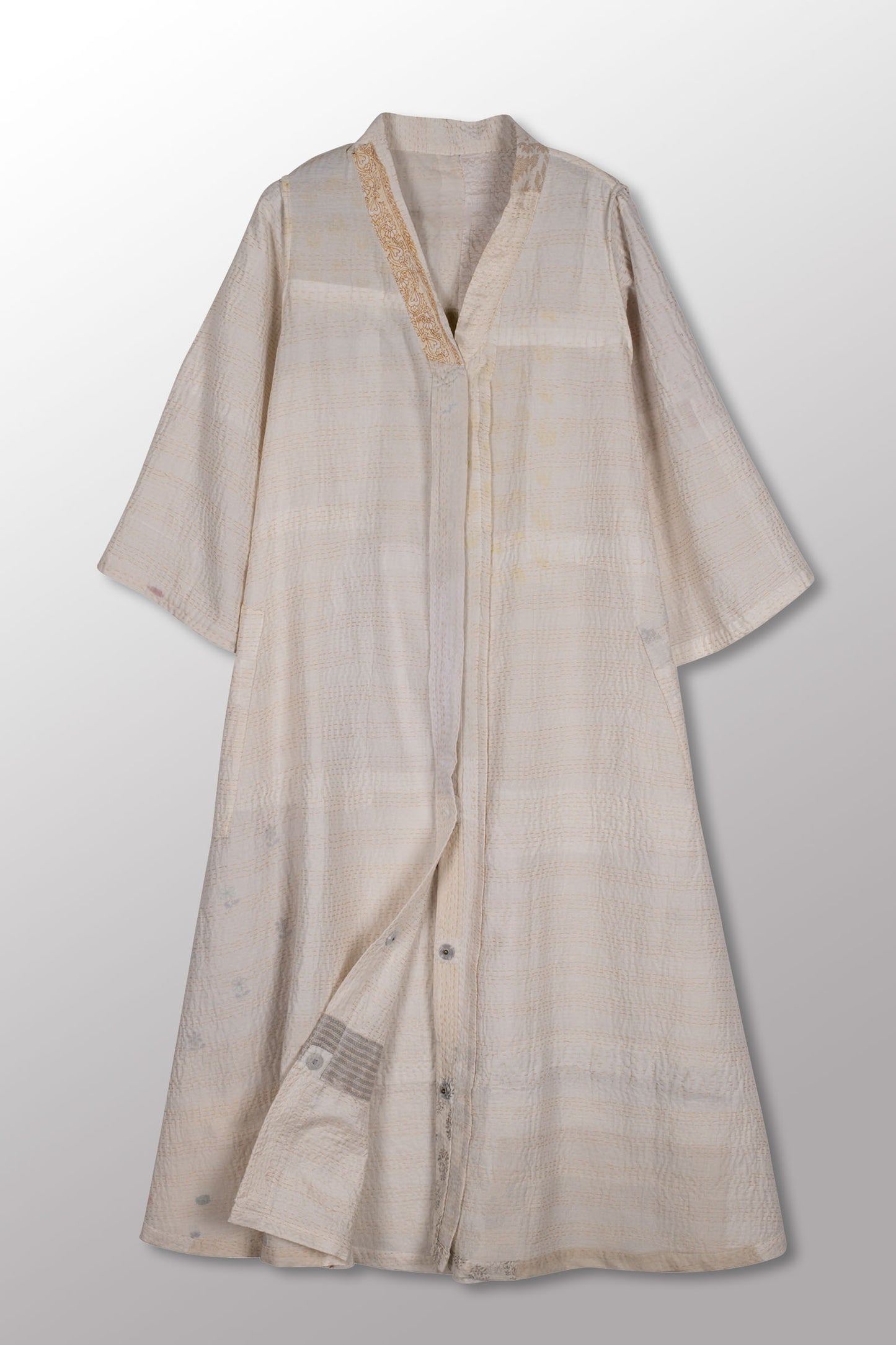 FRAYED PATCH KANTHA V-NECK FLARE SLEEVE DRESS - fi2445-ivy -