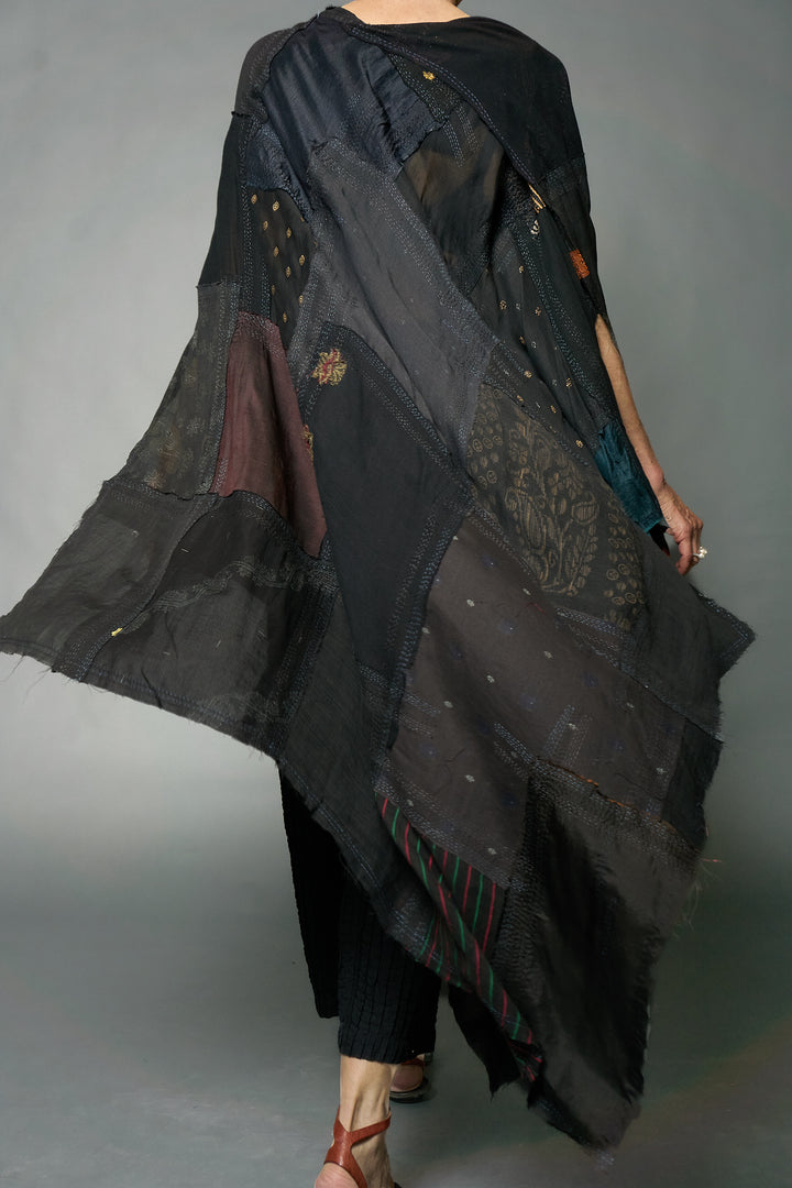 MOSAIC TILE PATCH KANTHA DOUBLE SCARF PONCHO - mt1j112-blk -