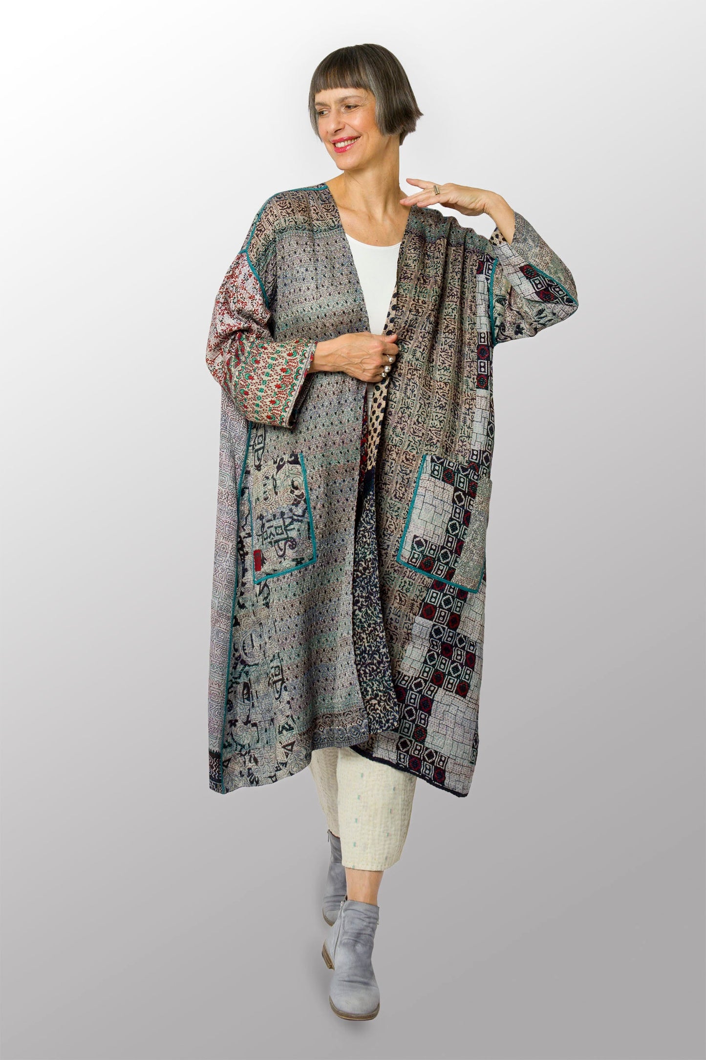 VINTAGE SILK KANTHA LONG DUSTER - sv2328-0009a -