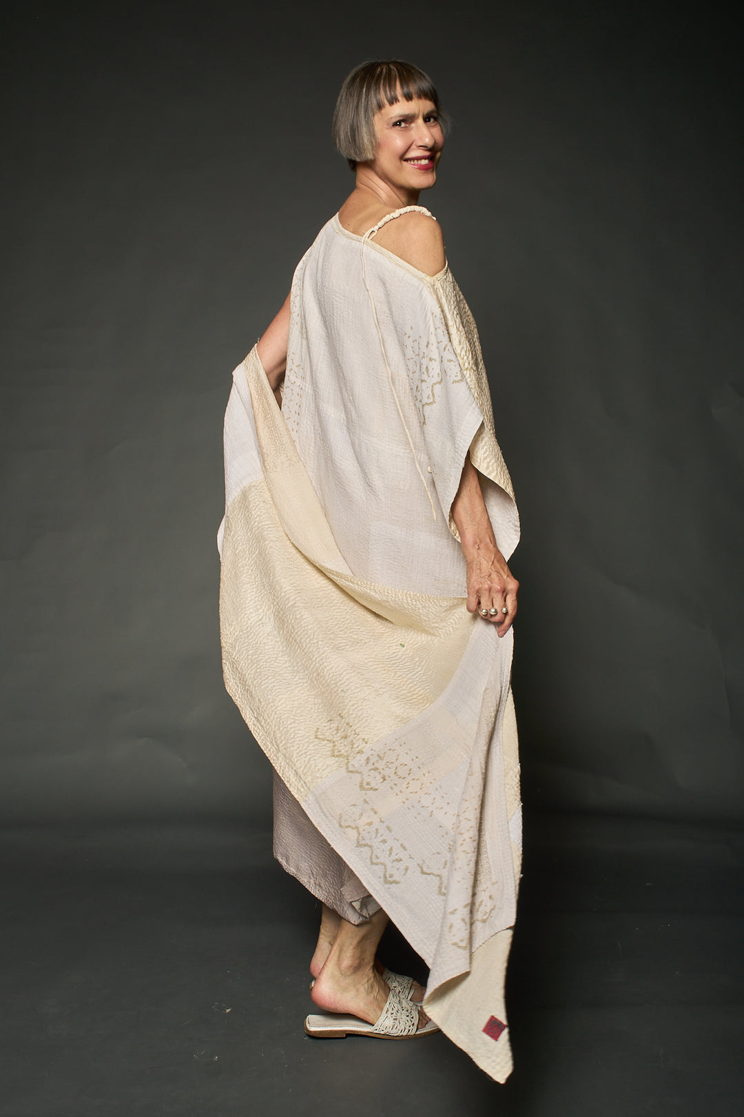 HALF SILK PATCH KANTHA SCARF STANDARD - hs2801-ivy -