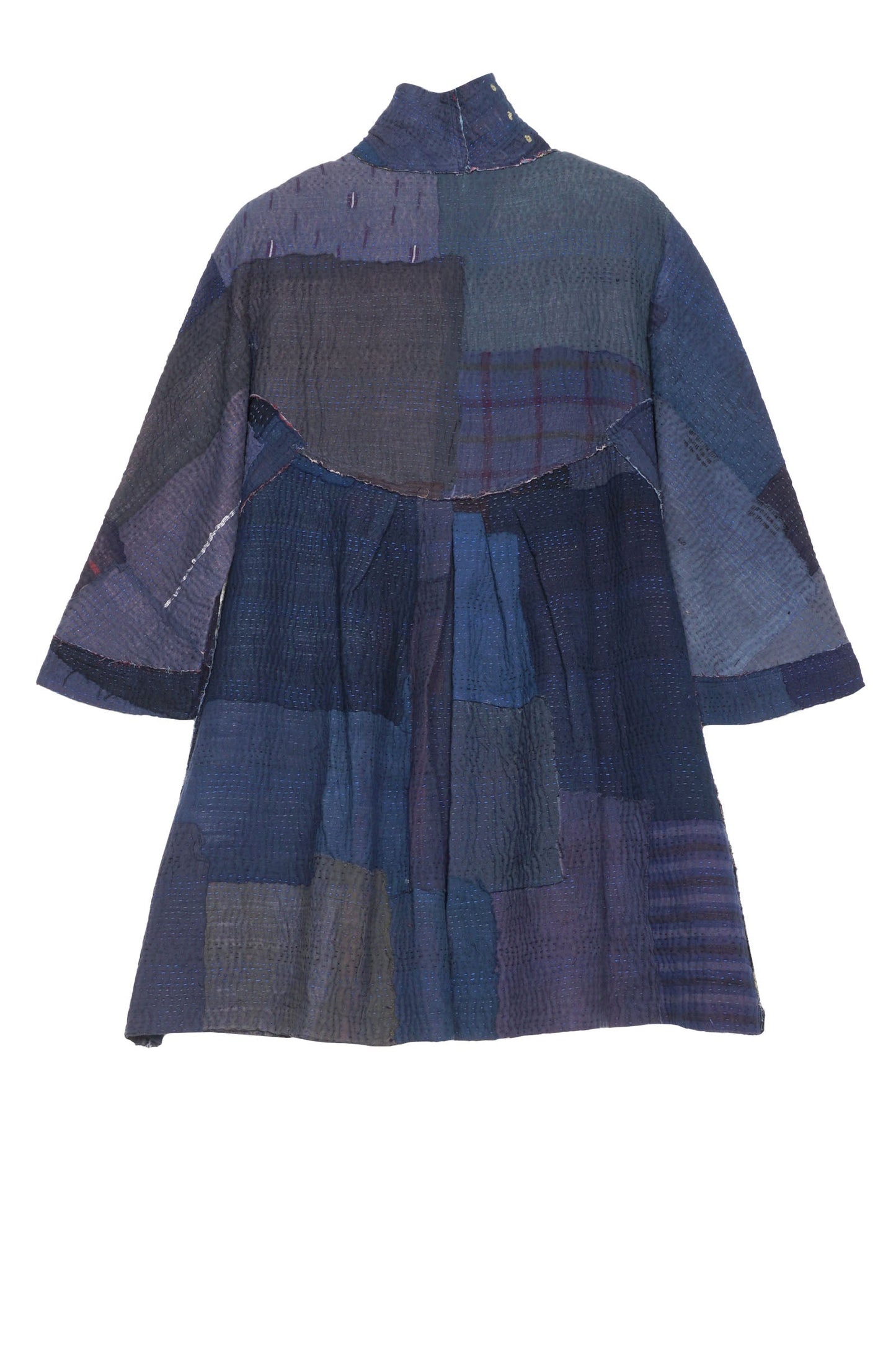 INDIGO WHITE FRAYED PATCH KANTHA BACK TUCKED TUNIC - iw4513-nvy -