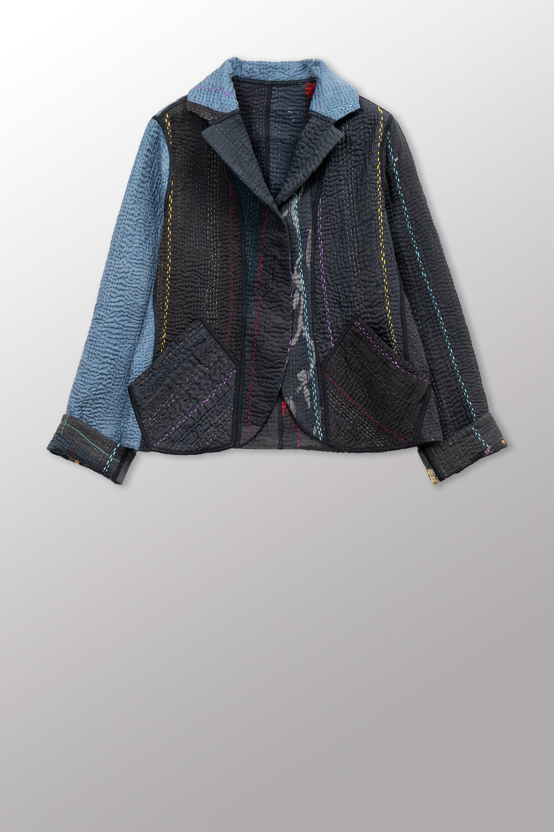 JEWEL WOVEN WITH VERTICAL PATCH KANTHA CROPPED BASIC JACKET - jv4096-blk -