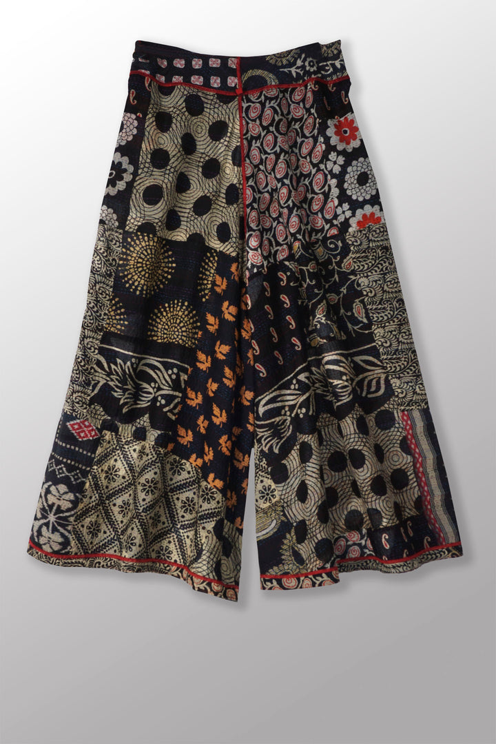 PATCH &amp; CIRCLE PRINT KANTHA WIDE LEG PANTS - pc2623-blk -