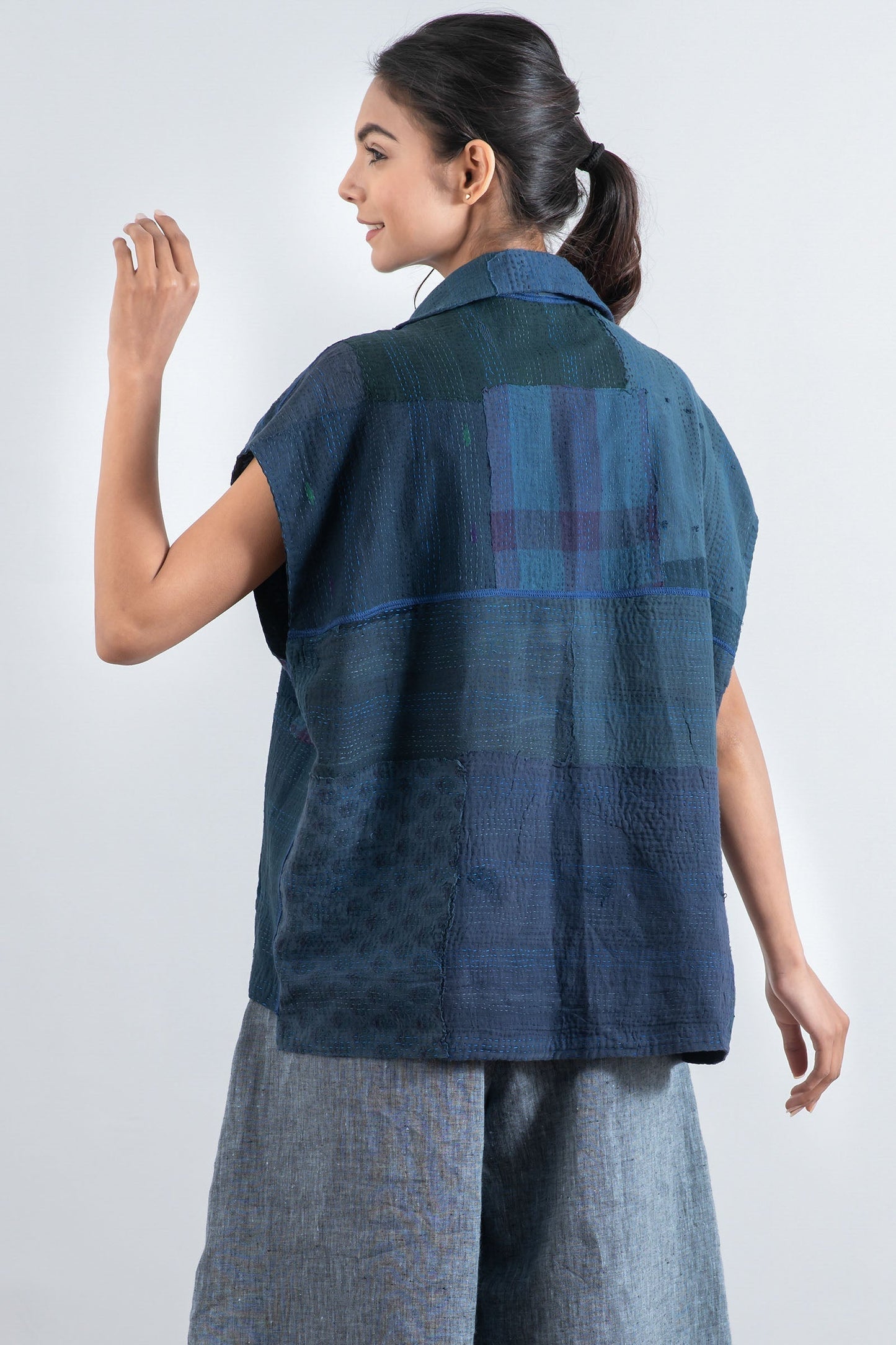 FRAYED PATCH KANTHA CAP SLV. SHIRT - fi2530-nvy -