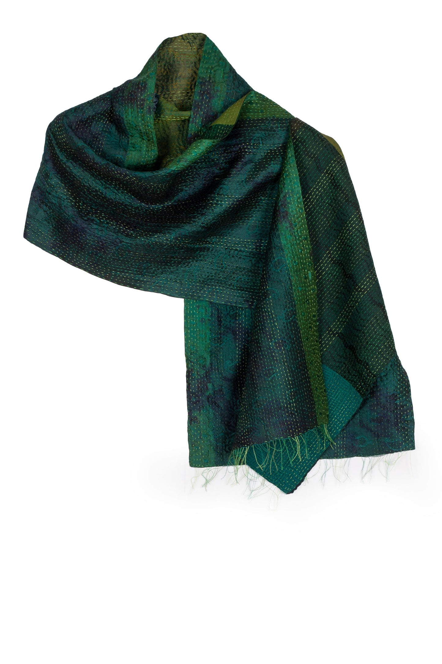 GEORGETTE JACQUARD VINTAGE SILK PATCH KANTHA SCARF SHORT - gj2805-grn -