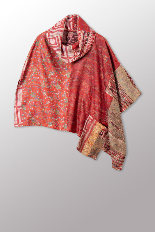 VINTAGE SILK KANTHA COWL NECK LONG CAPE - sv2842-0011a -