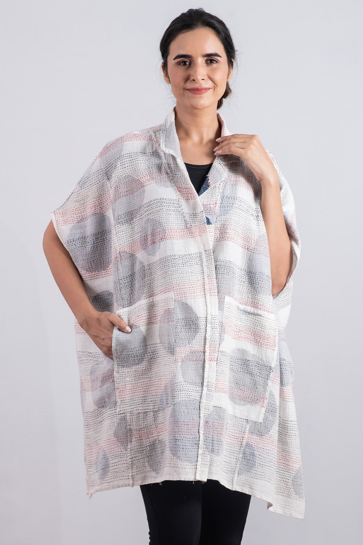 CUT OUT KANTHA SHIRT PONCHO - ck2545-wht -