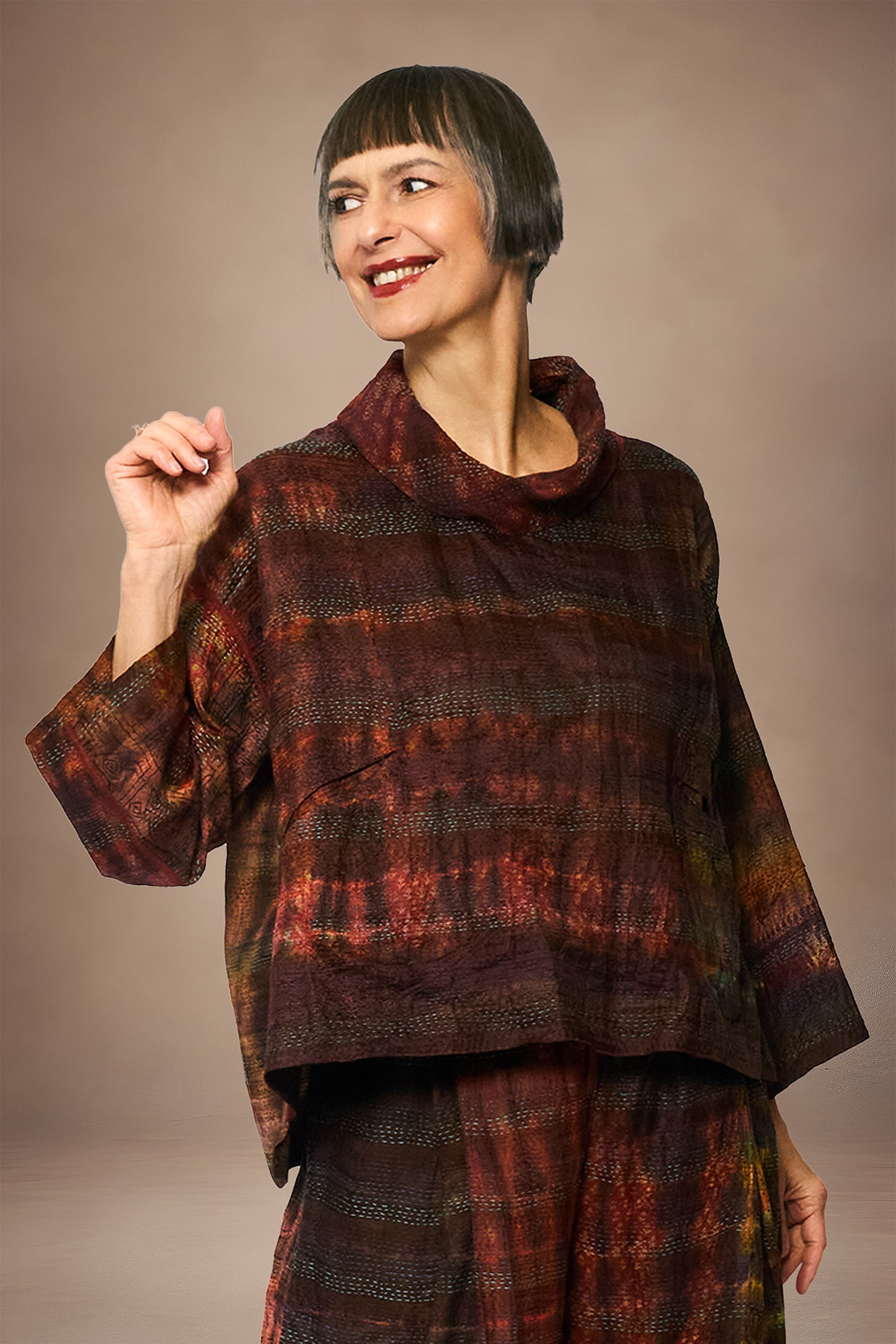 TIE DYE VINTAGE SILK KANTHA COWL PULLOVER - st-sv2547-brn -