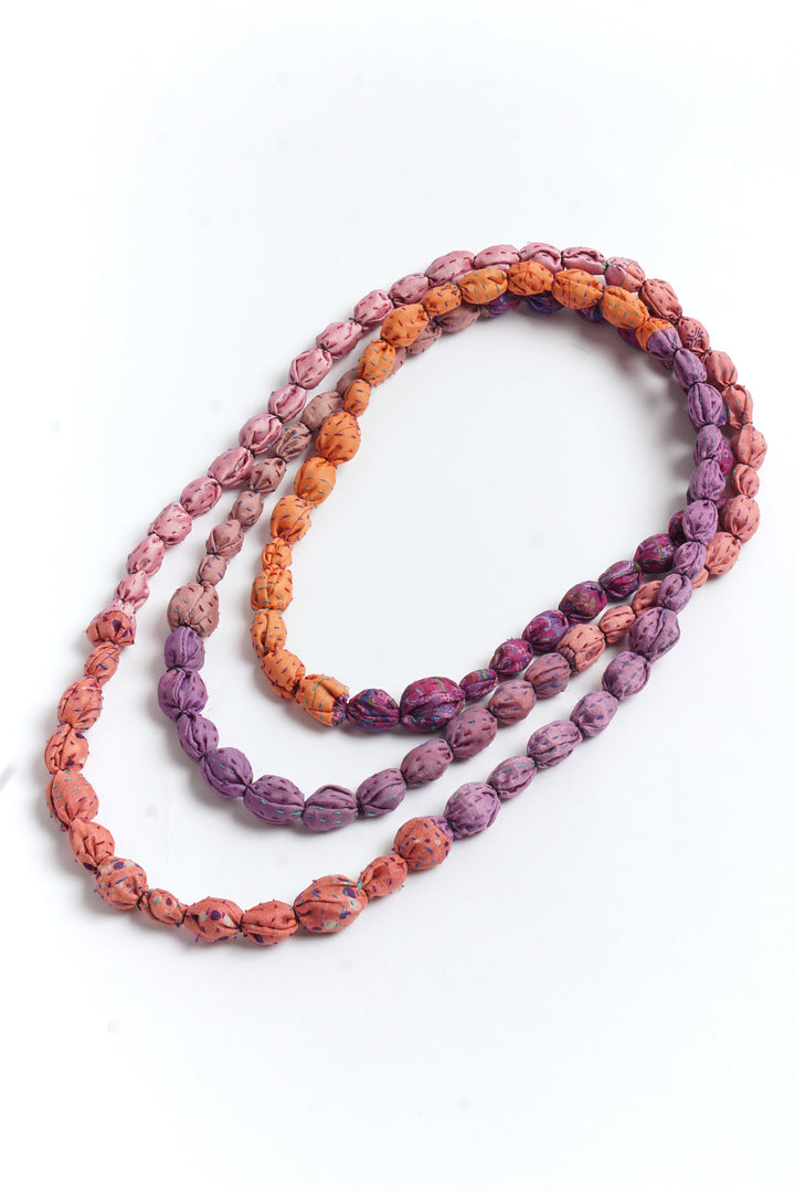 VINTAGE SILK KANTHA TIE-BEADS LONG NECKLACE - sv2707-pik -