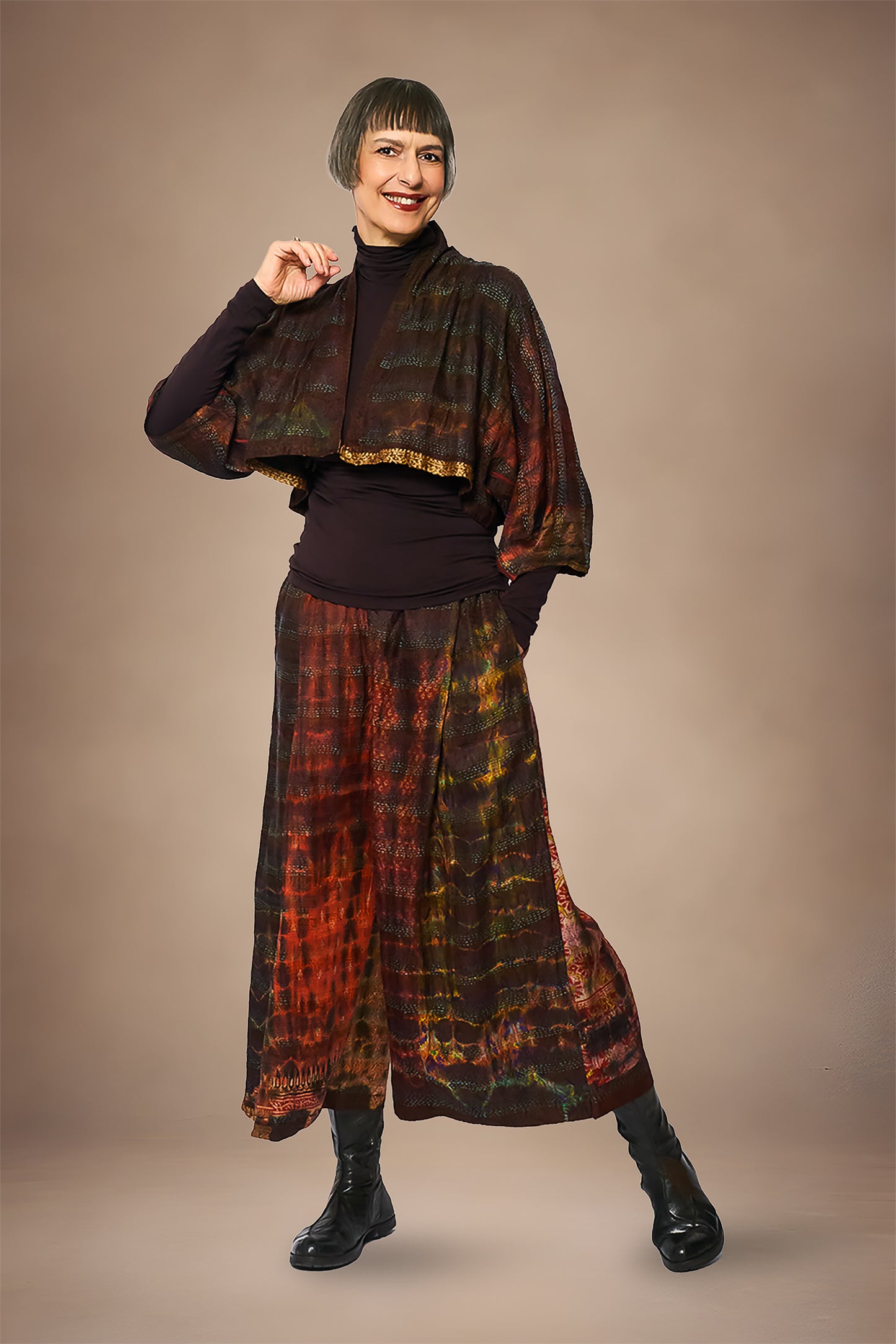 TIE DYE VINTAGE SILK KANTHA PUFF SLV. SHRUG - st-sv2062-brn -