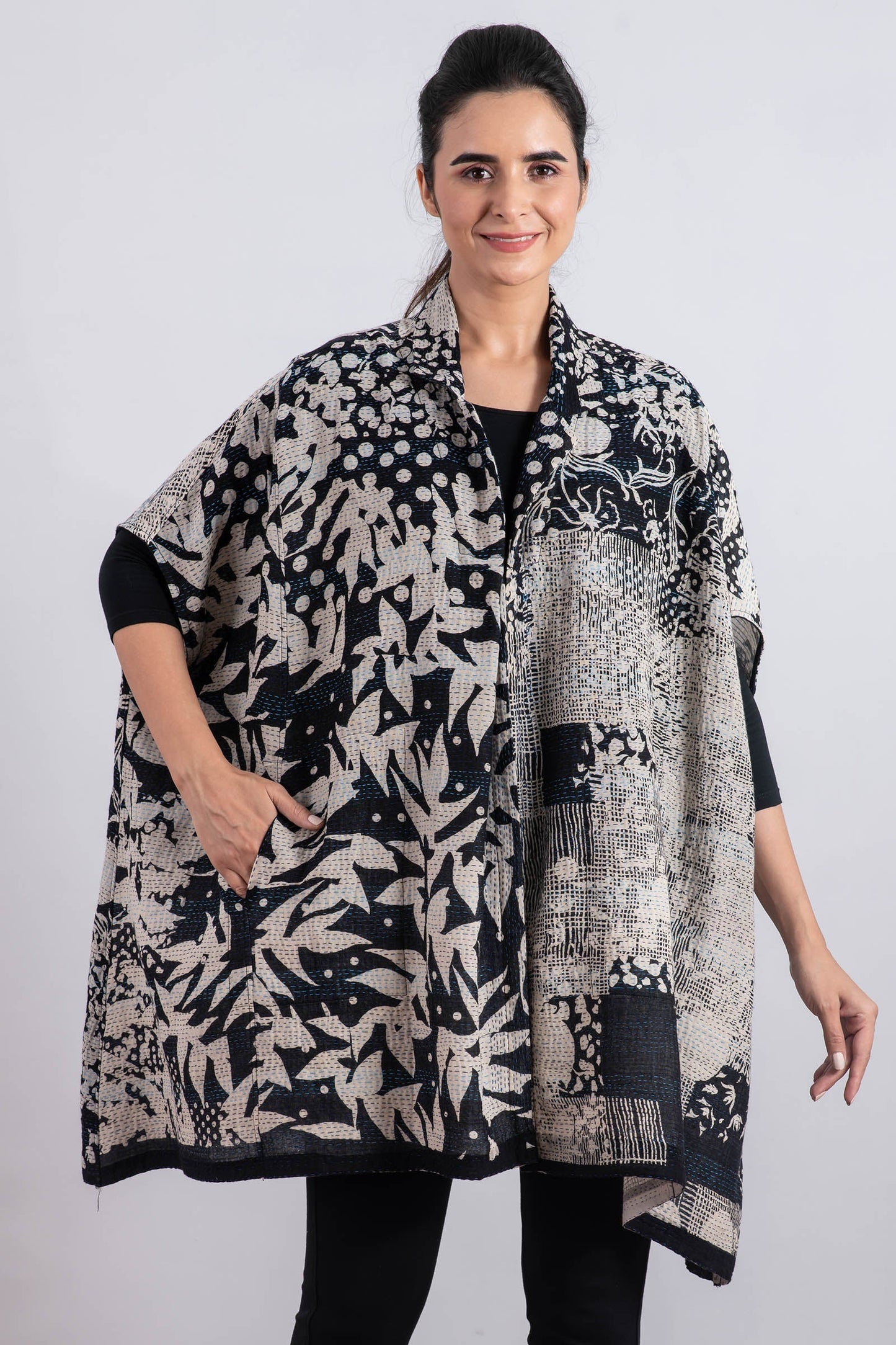 MONOTONE TWILIGHT PRINT KANTHA SHIRT PONCHO - tp2545-blk -
