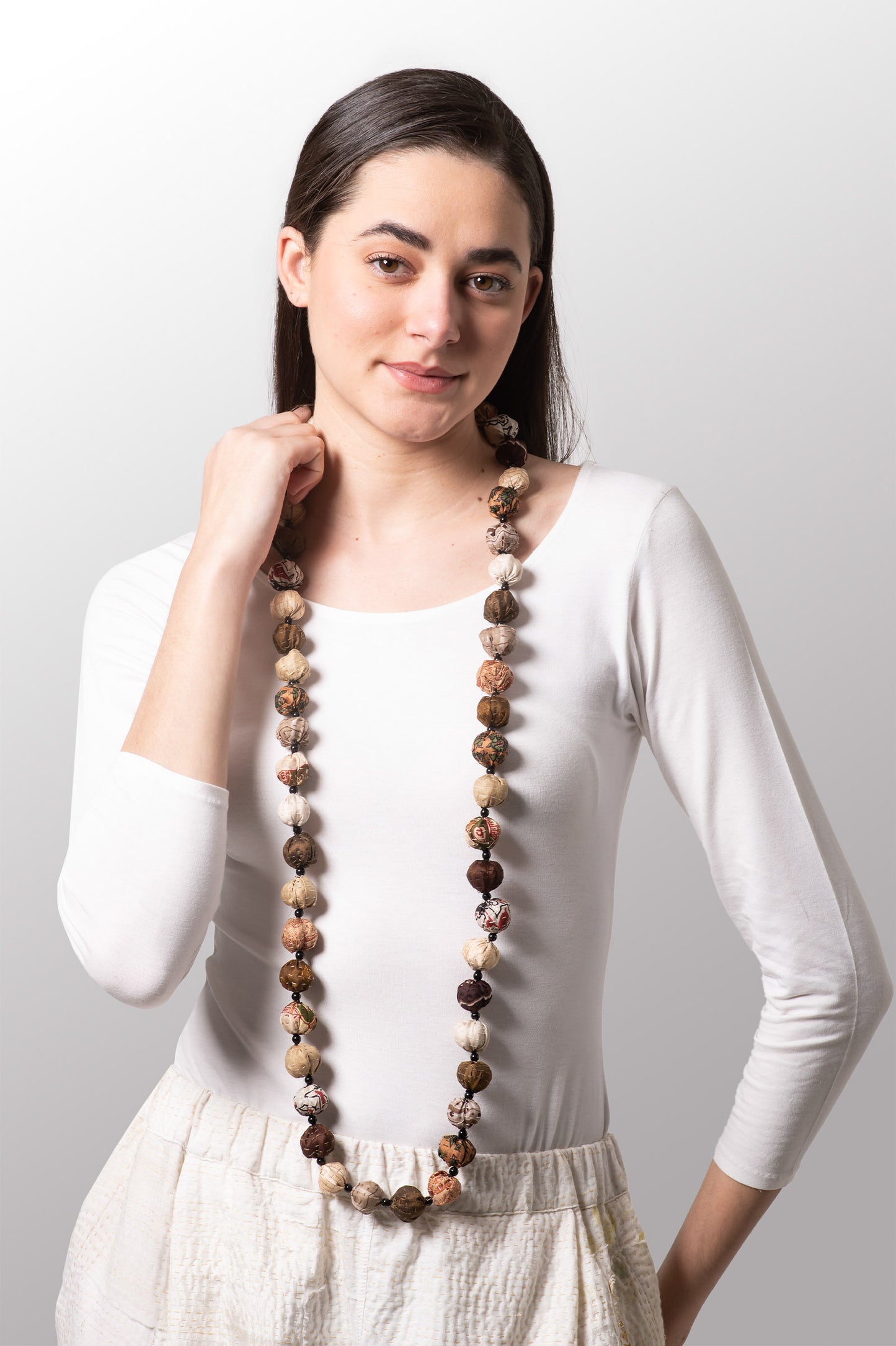 VINTAGE SILK KANTHA SMALL NUTS LONG NECKLACE - sv2706-ibn -