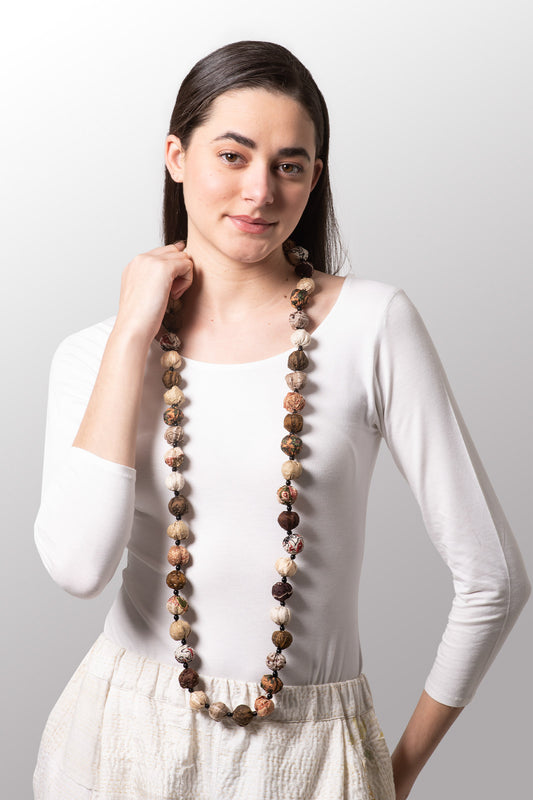 VINTAGE SILK KANTHA SMALL NUTS LONG NECKLACE - sv2706-ibn -
