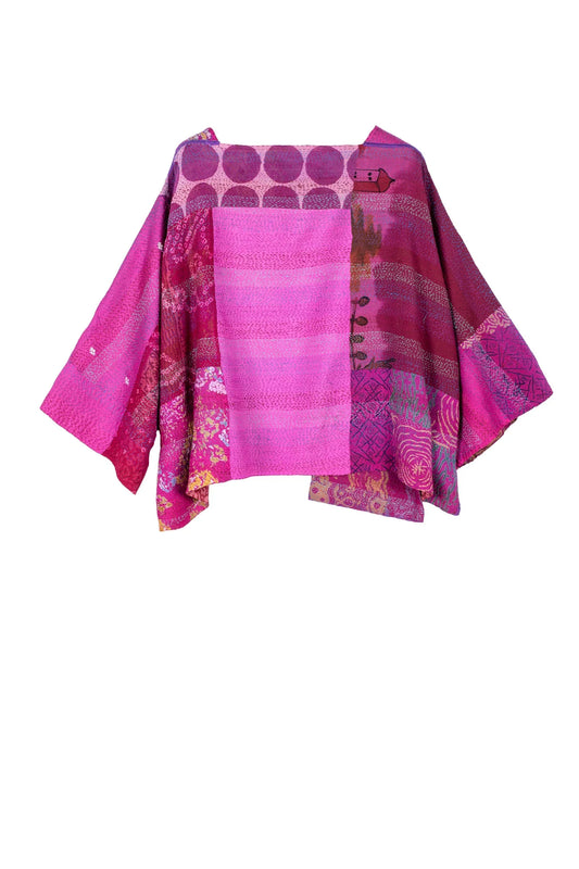 GEORGETTE VINTAGE SILK PATCH KANTHA 3/4 SLV. CROP TOP - gs2528-pik -