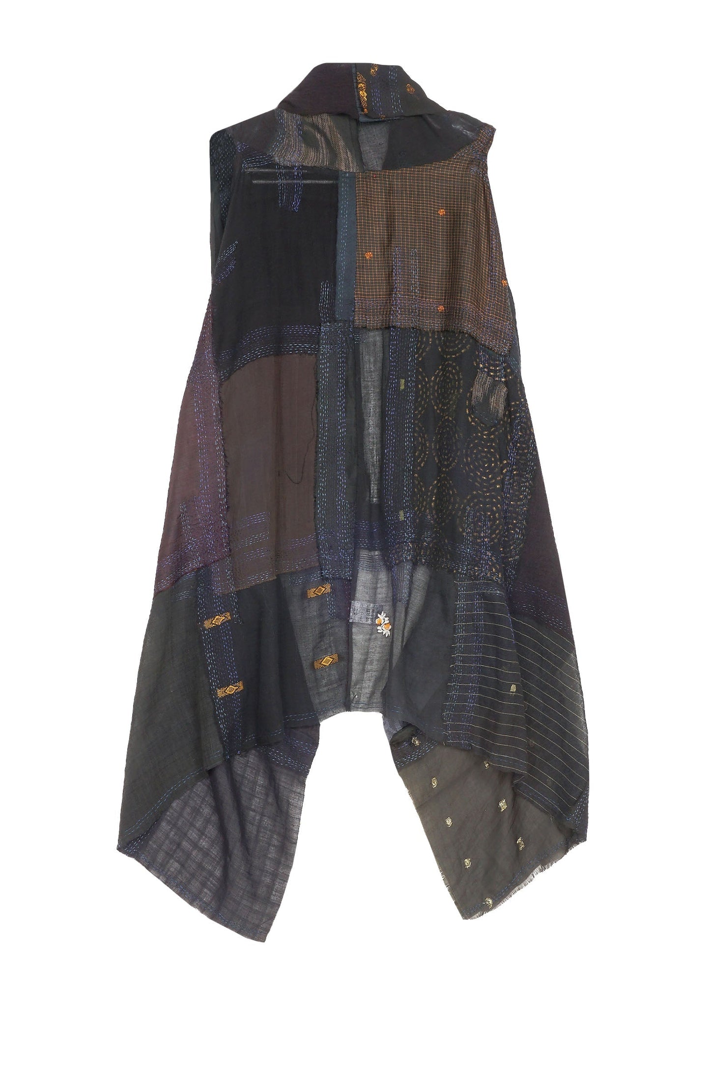 MOSAIC TILE PATCH KANTHA SHAWL VEST - mt1219-blk -